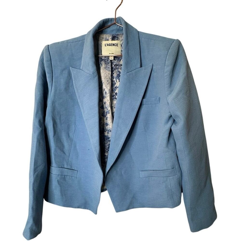 L'AGENCE Chamberlain Blue Linen Cotton Blend Single Breasted Blazer size 8 FLAW